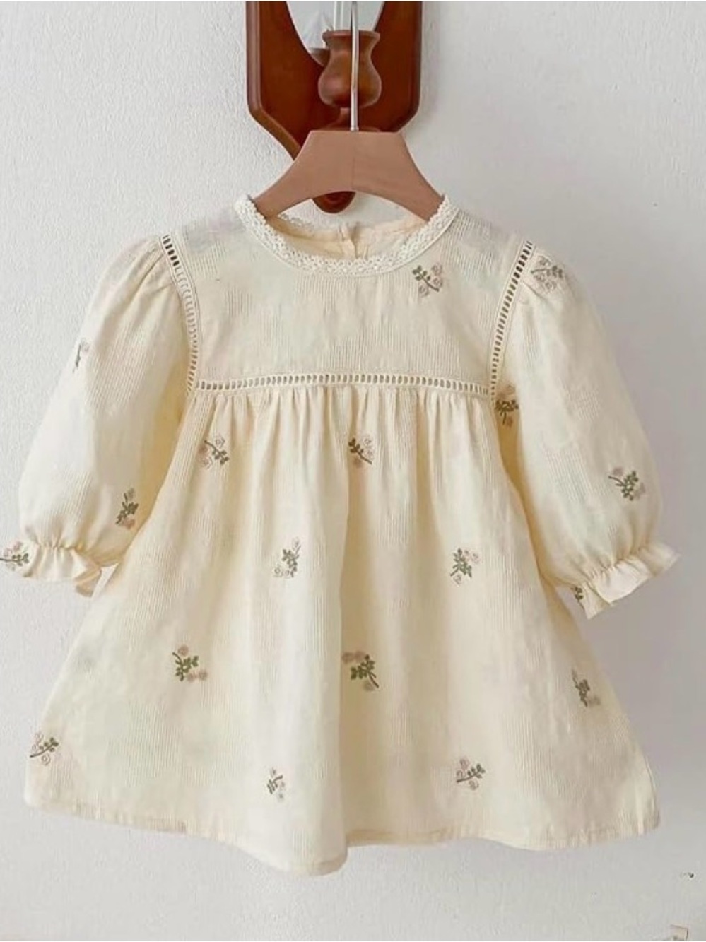 NWT Girls' Cream Embroidered Casual Dress with Puff Sleeves, 6-9 months